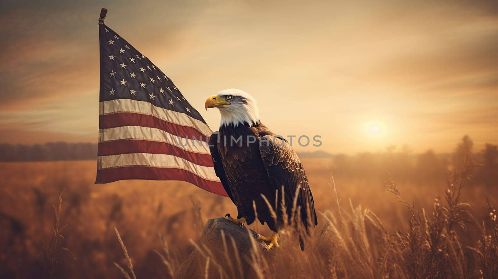 Eagle With American Flag Flies In Freedom At Sunset, generative ai