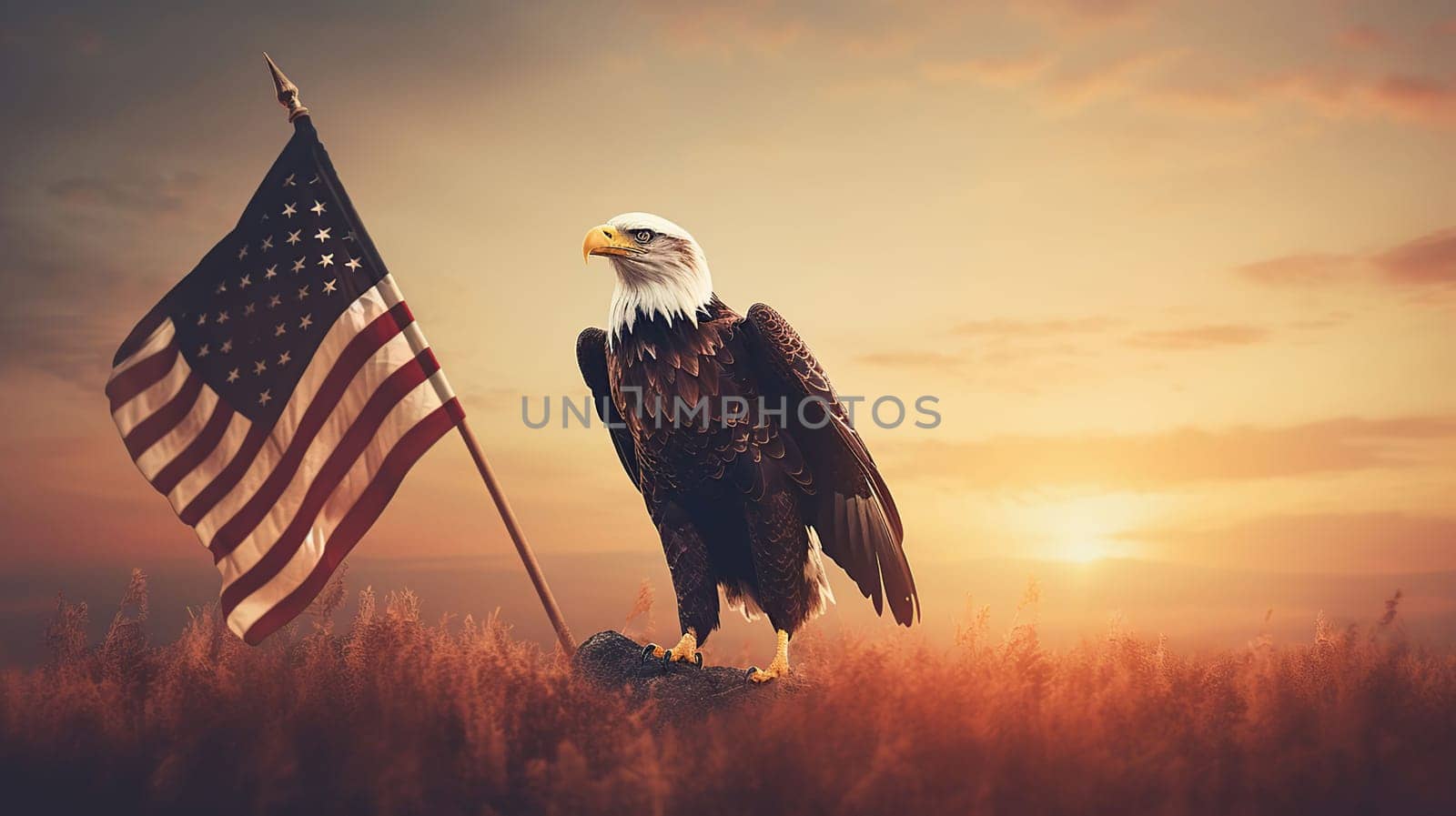 Eagle With American Flag Flies In Freedom At Sunset - Vintage Toned, generative ai