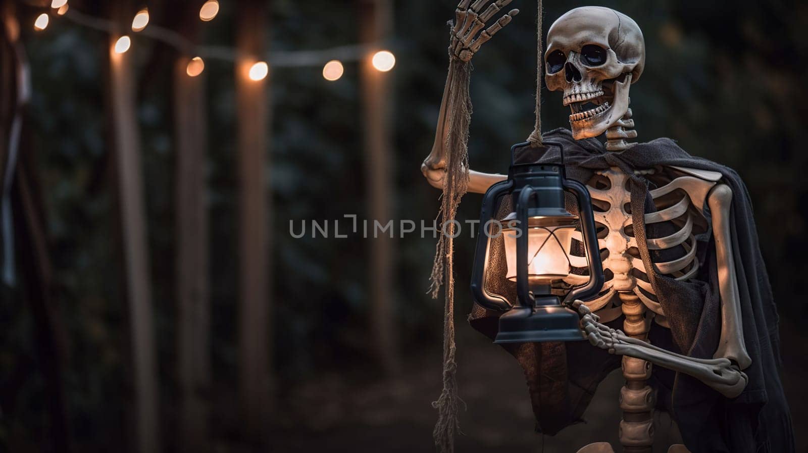 Halloween Night - Skeleton Holding Lantern In Spooky Night, generative ai