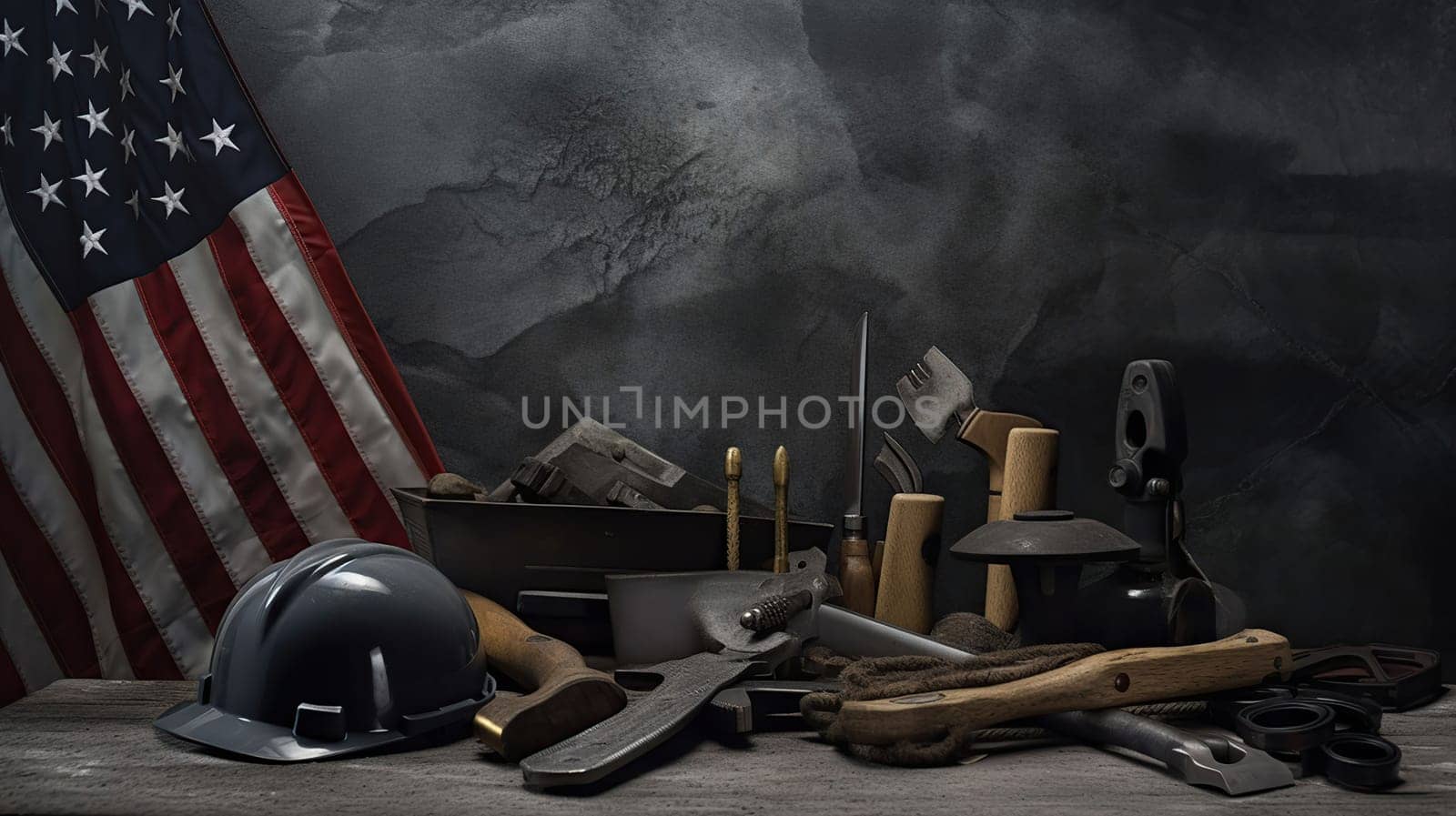 Happy Labor day concept. American flag with different construction tools on dark stone background, generative ai