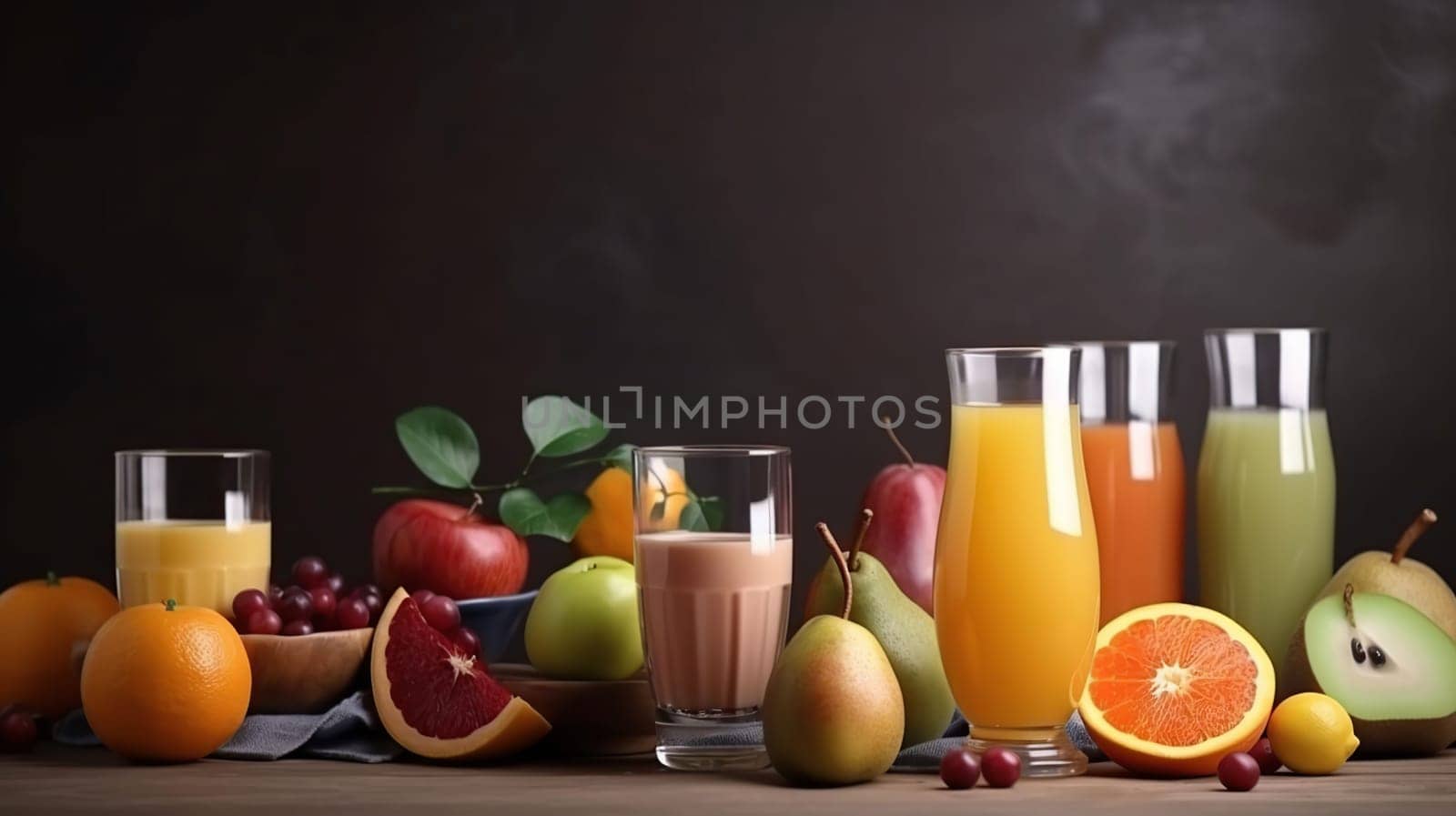 Glasses with different juices and fresh fruits on table with black baground, generative ai