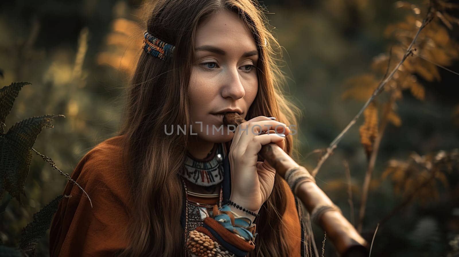 Beautiful shamanic girl playing on shaman flute in the nature, generative ai