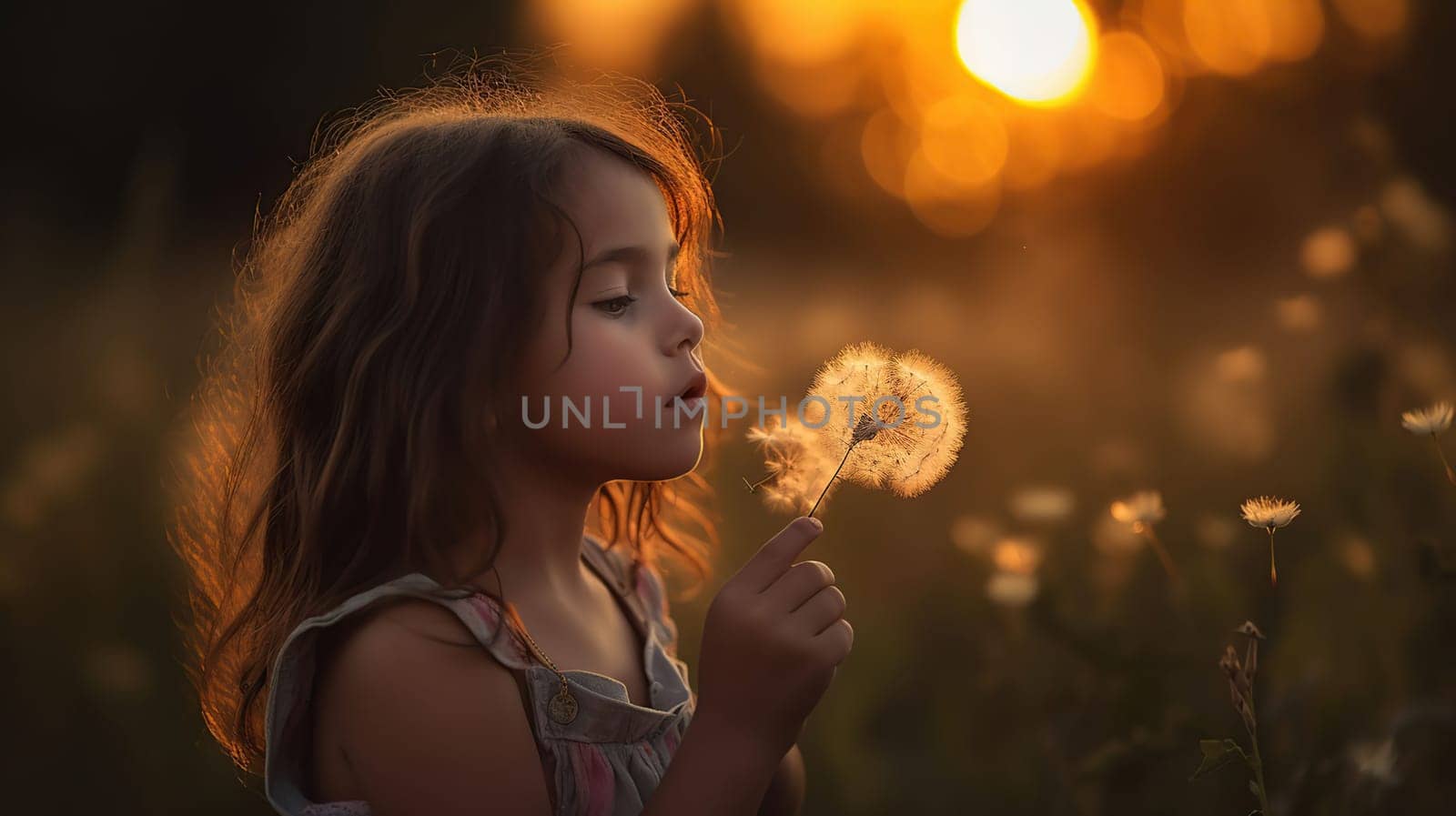 Little Girl Blowing Dandelion Flower At Sunset - Defocused Background, generative ai