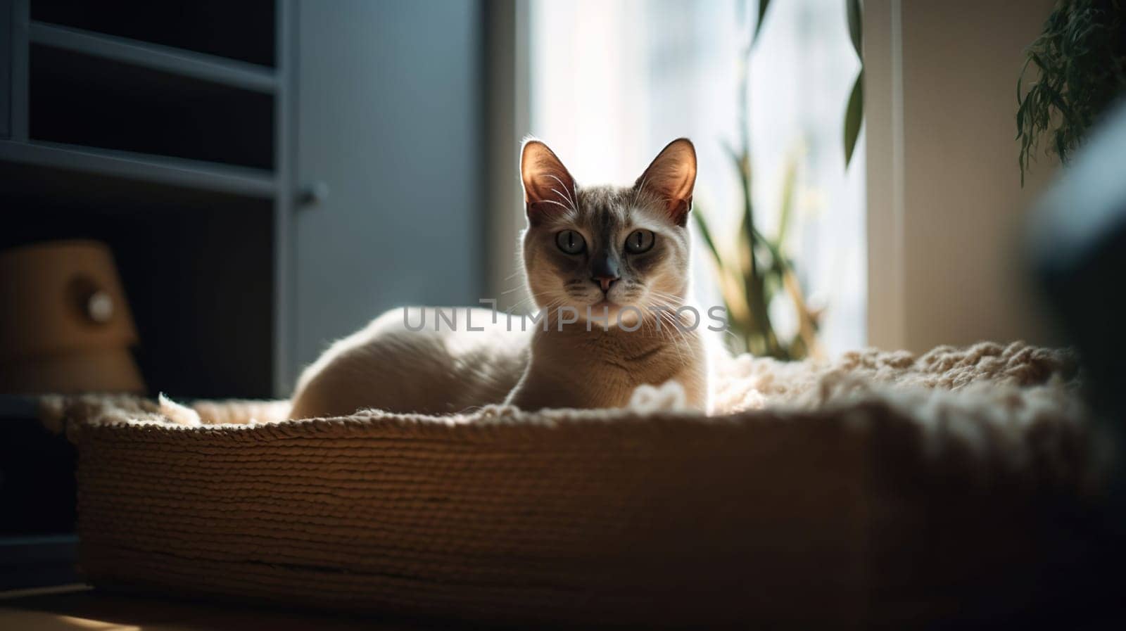 Interior of light living room with cute cat lying in pet bed, generative ai