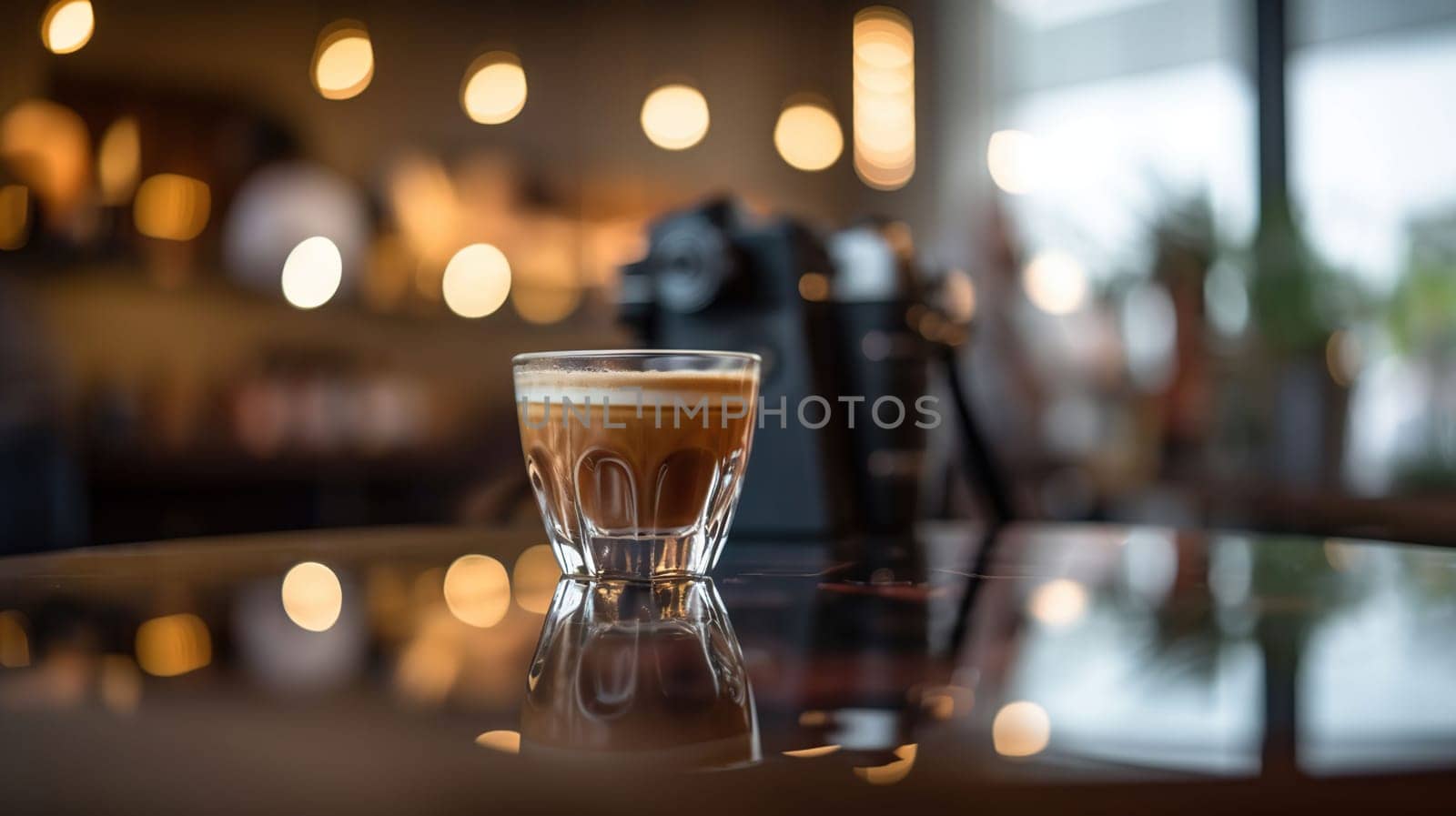 Blur coffee shop or cafe restaurant with abstract bokeh light image background. Generative Ai