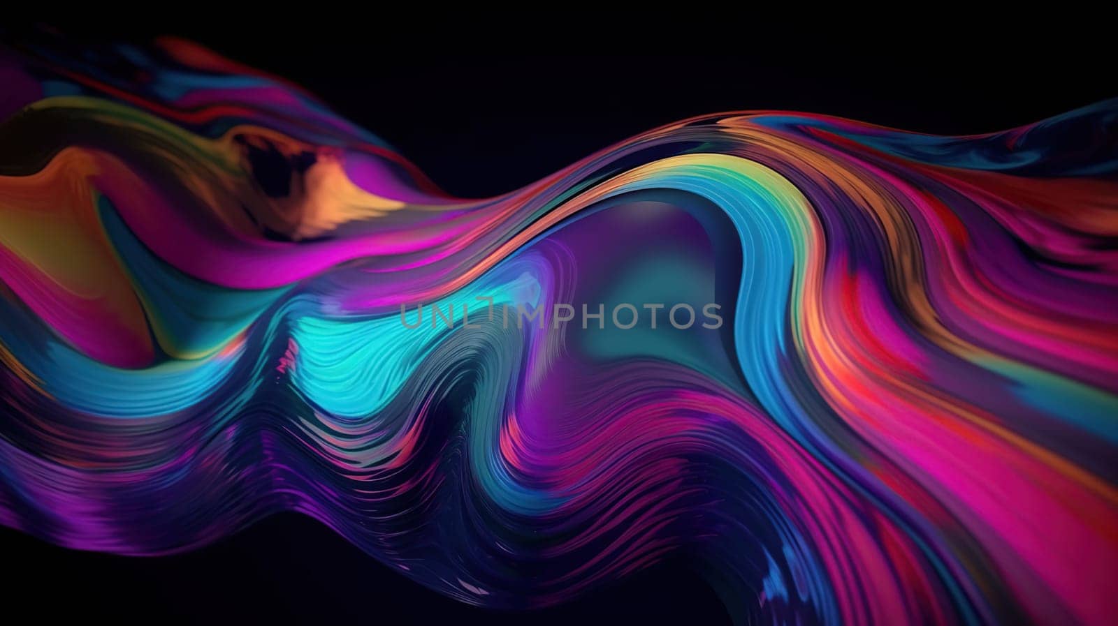 Abstract fluid iridescent holographic neon curved wave in motion colorful background 3d render. Generative Ai