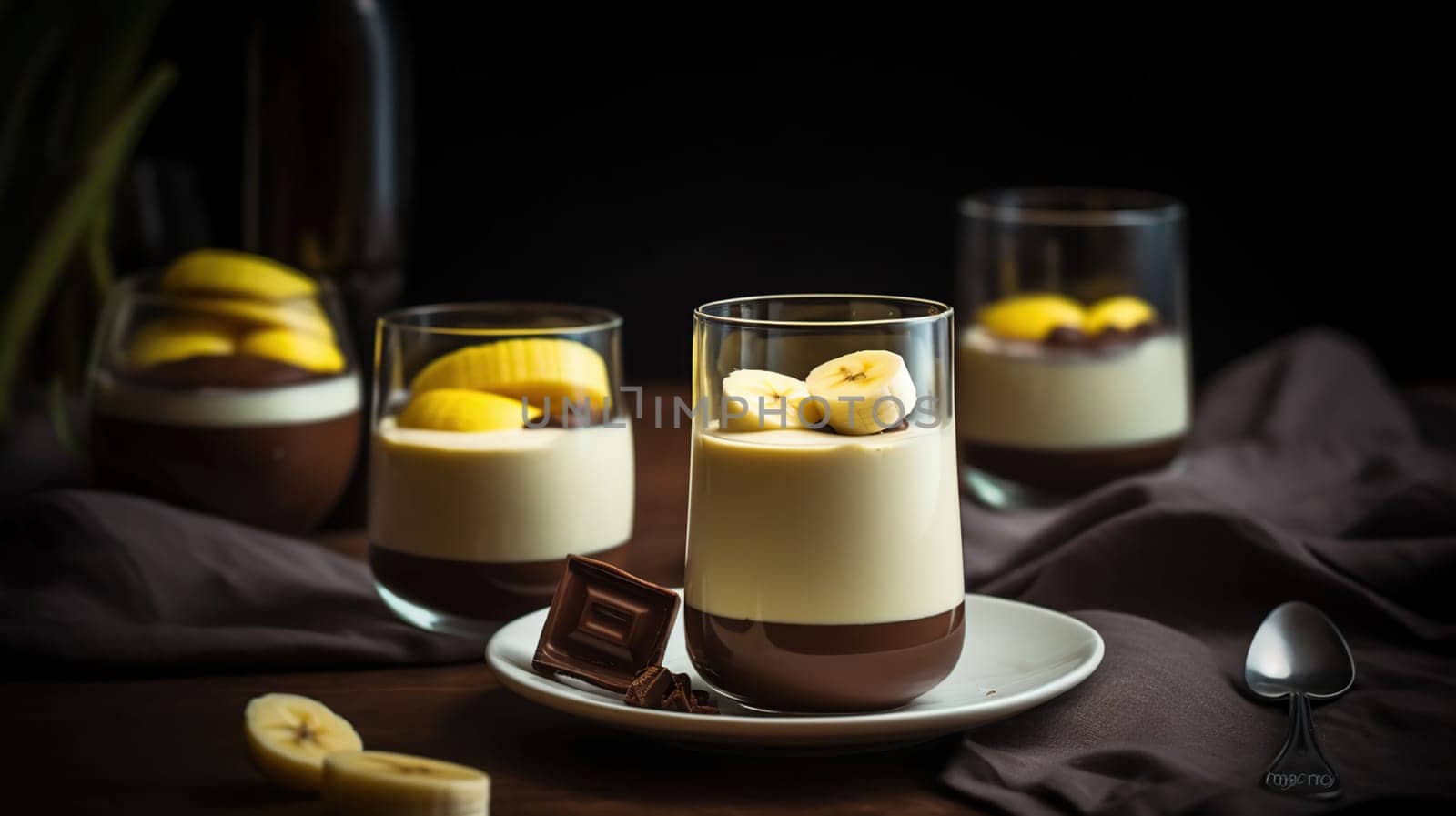 Panna cotta. Milk dessert with chocolate and banana in a glass, generative ai