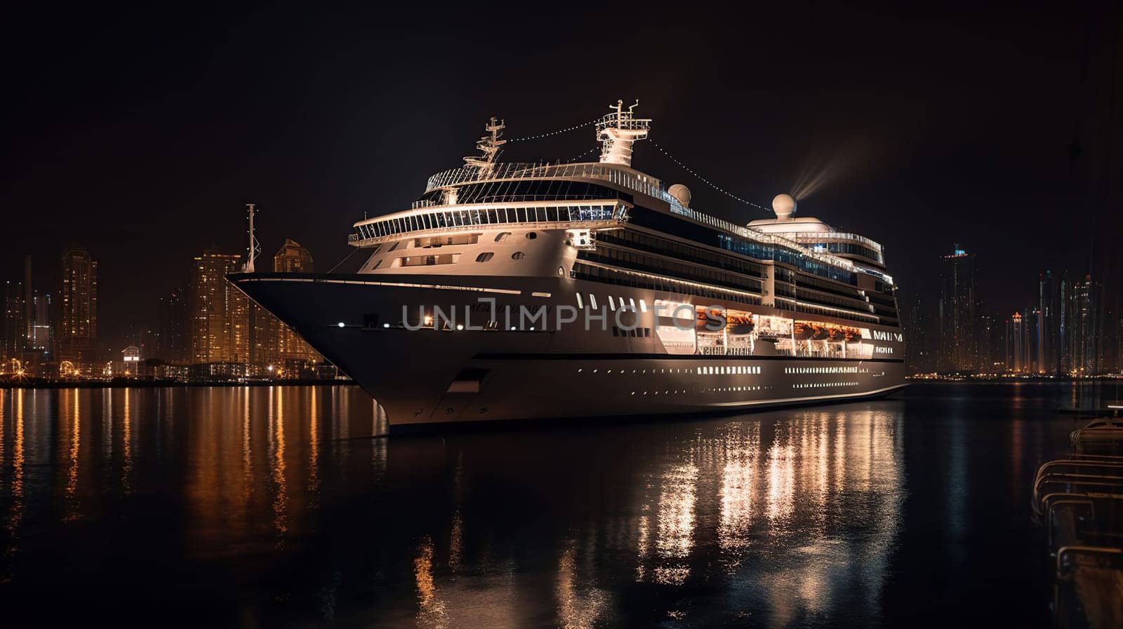 Modern cruise liner in the harbor at night, generative ai