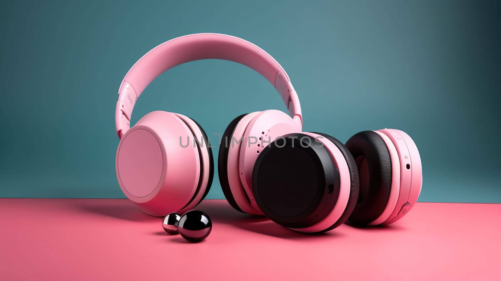 Modern wireless portable speakers and headphones on color background, generative ai