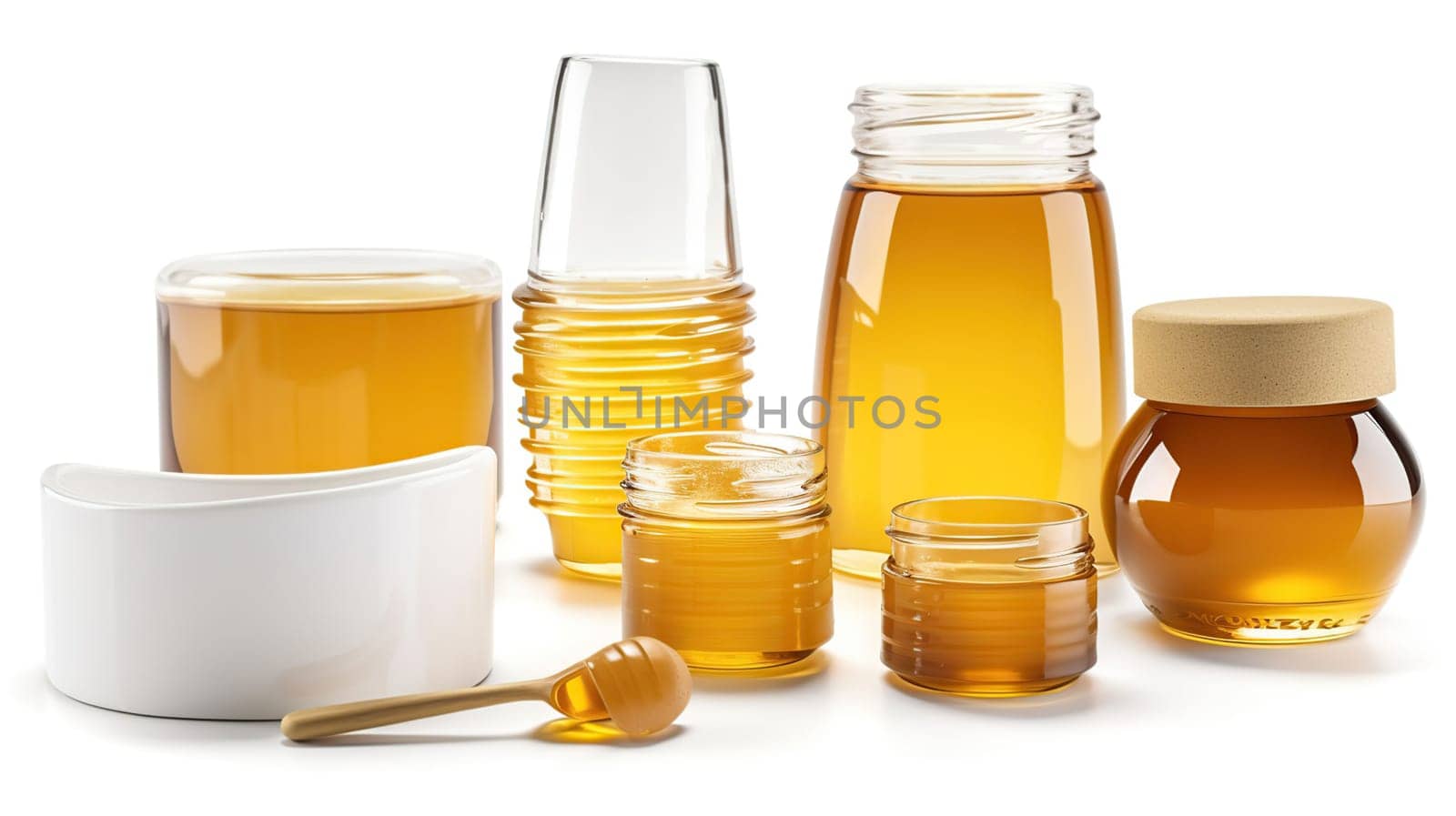 Honey jars and wooden dippers set isolated on white background. Package design element with clipping path, generative ai