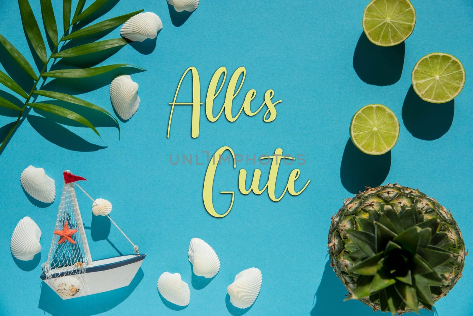 Flat Lay With German Text Alles Gute Means Best Wishes. Turquoise Or Blue Background Wit Decoration Like Pineapple, Shells, Boat And Lemons.