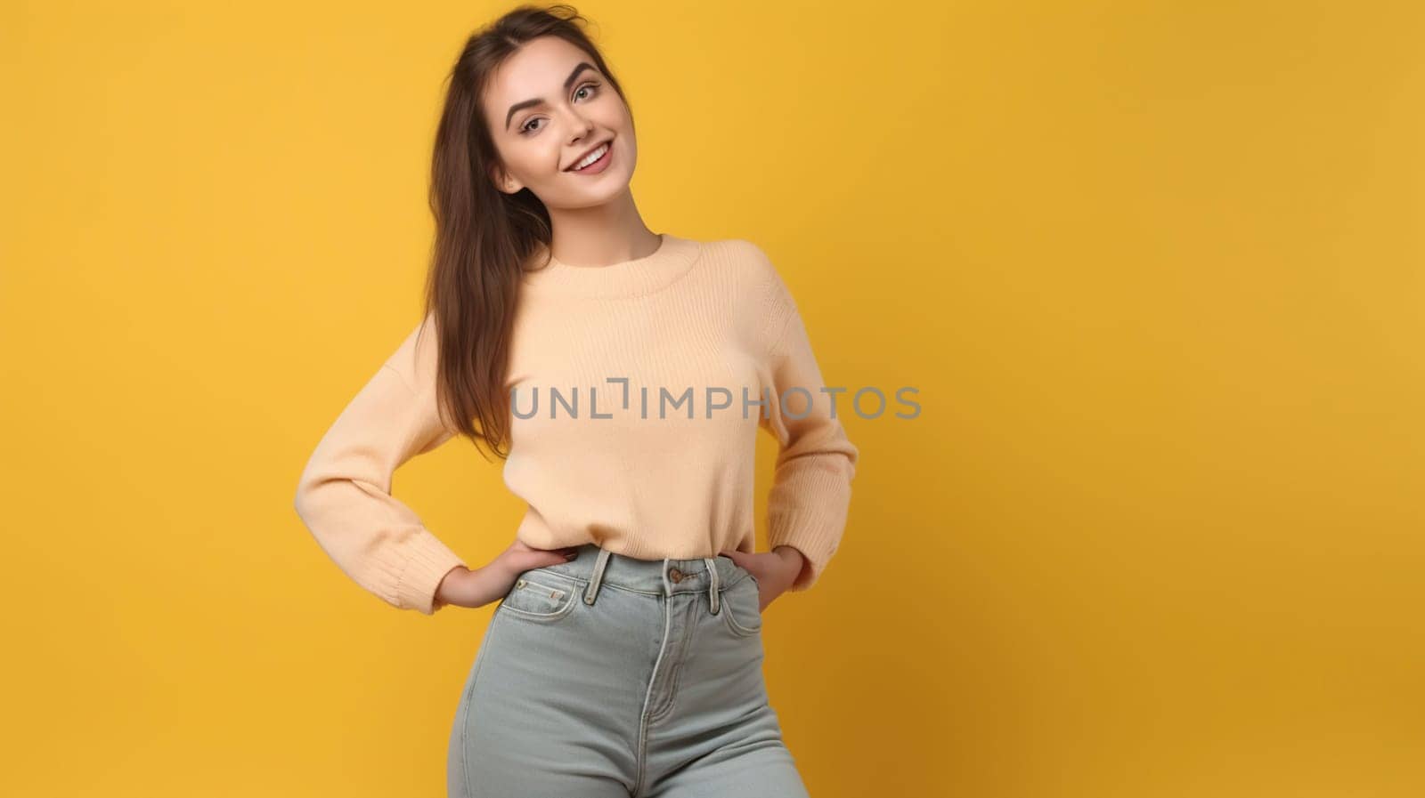 Happy young woman with slim body in oversized jeans on yellow background, generative ai