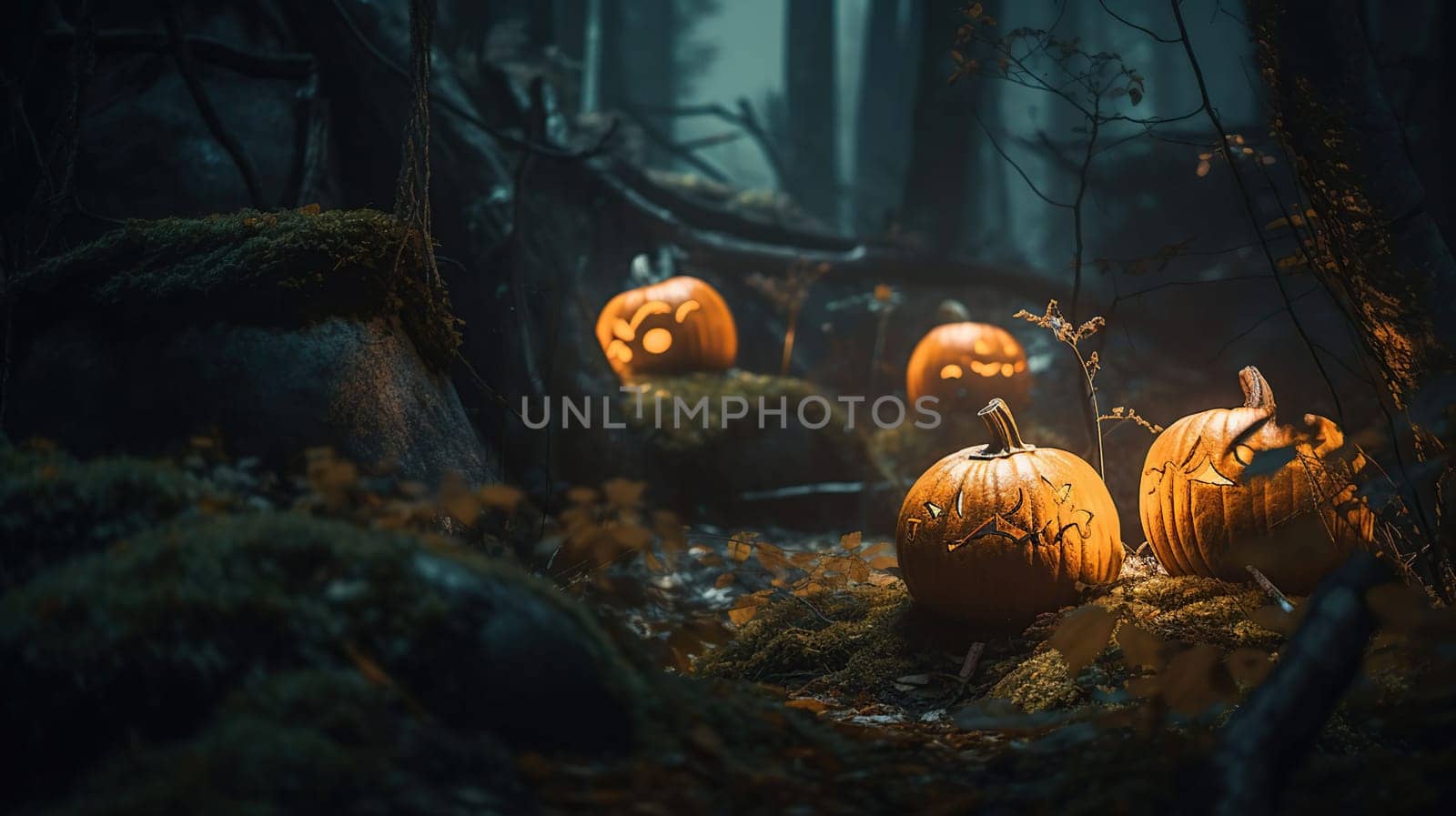 Halloween - Pumpkins In Spooky Forest With Tombs At Night, generative ai