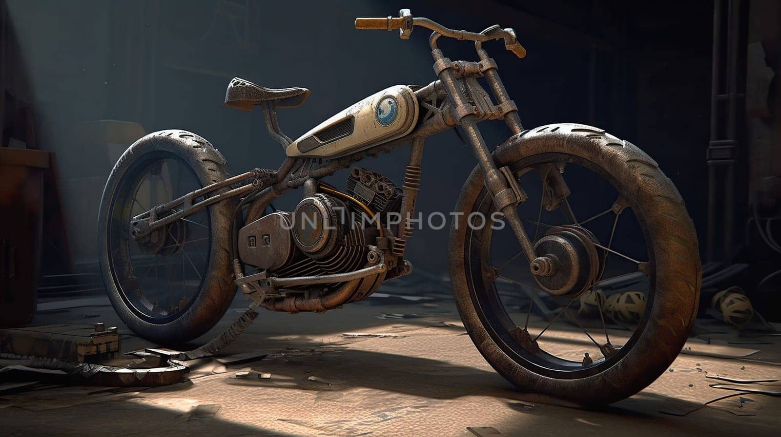 industrial bycicle concept art, detailed, futuristic, rustic, 3D Illustration, generative ai