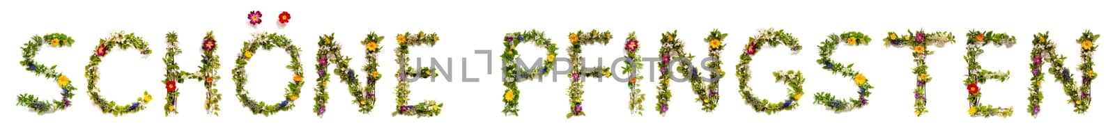 Blooming Flower Letters Building German Word Schoene Pfingsten Means Happy Pentecost. Colorful Spring and Summer Blossoms. White Isolated Background.