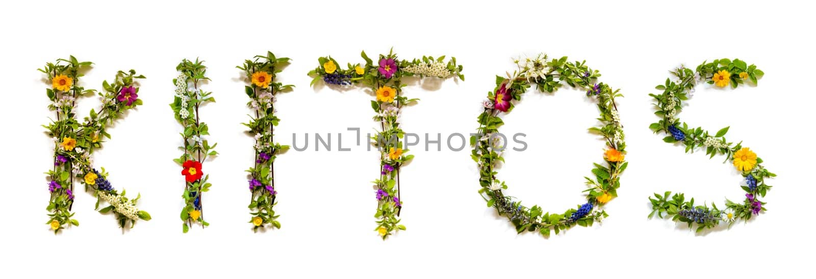 Colorful Flowers Building Finnish Text Kiitos, Means Thank You in English, Some Green And Some Spring Flowers on Isolated White Background, Symbolic Meaning, Quote