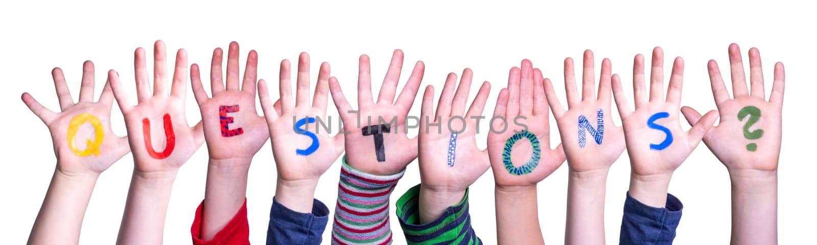 Children Hands Building Colorful English Word Questions. White Isolated Background