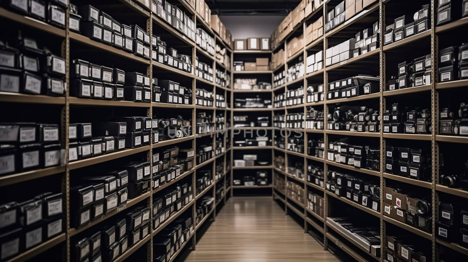 Rows Of Shelves With Boxes In Warehouse, generative ai