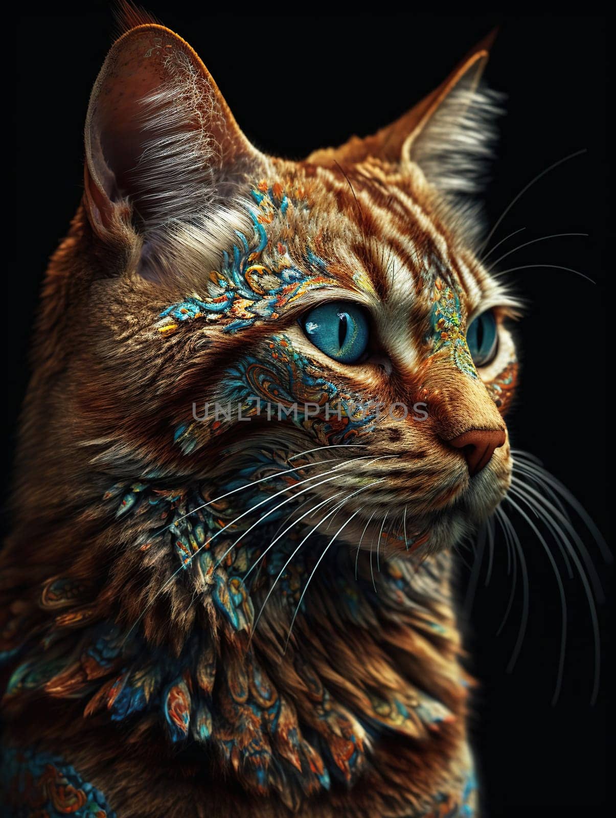Portrait of colourful cat, extremely detailed masterpiece, generative ai