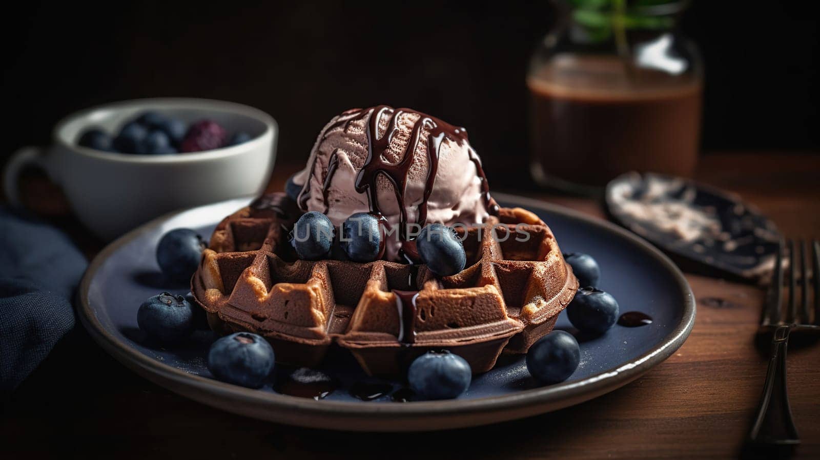 Plate of delicious Chocolate Belgian Waffles with ice cream and blueberry, generative ai