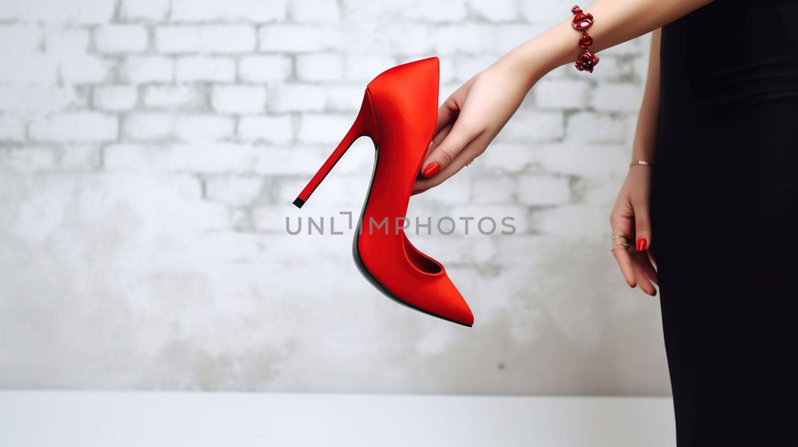 Red high heels shoes kept in hands. A woman holds in her hands high-heeled shoes, red color, on a white brick background, generative ai