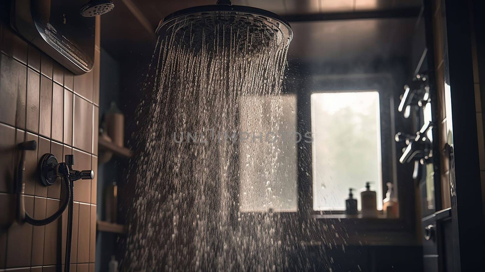 Close up of Water flowing from shower in the bathroom interior, generative ai