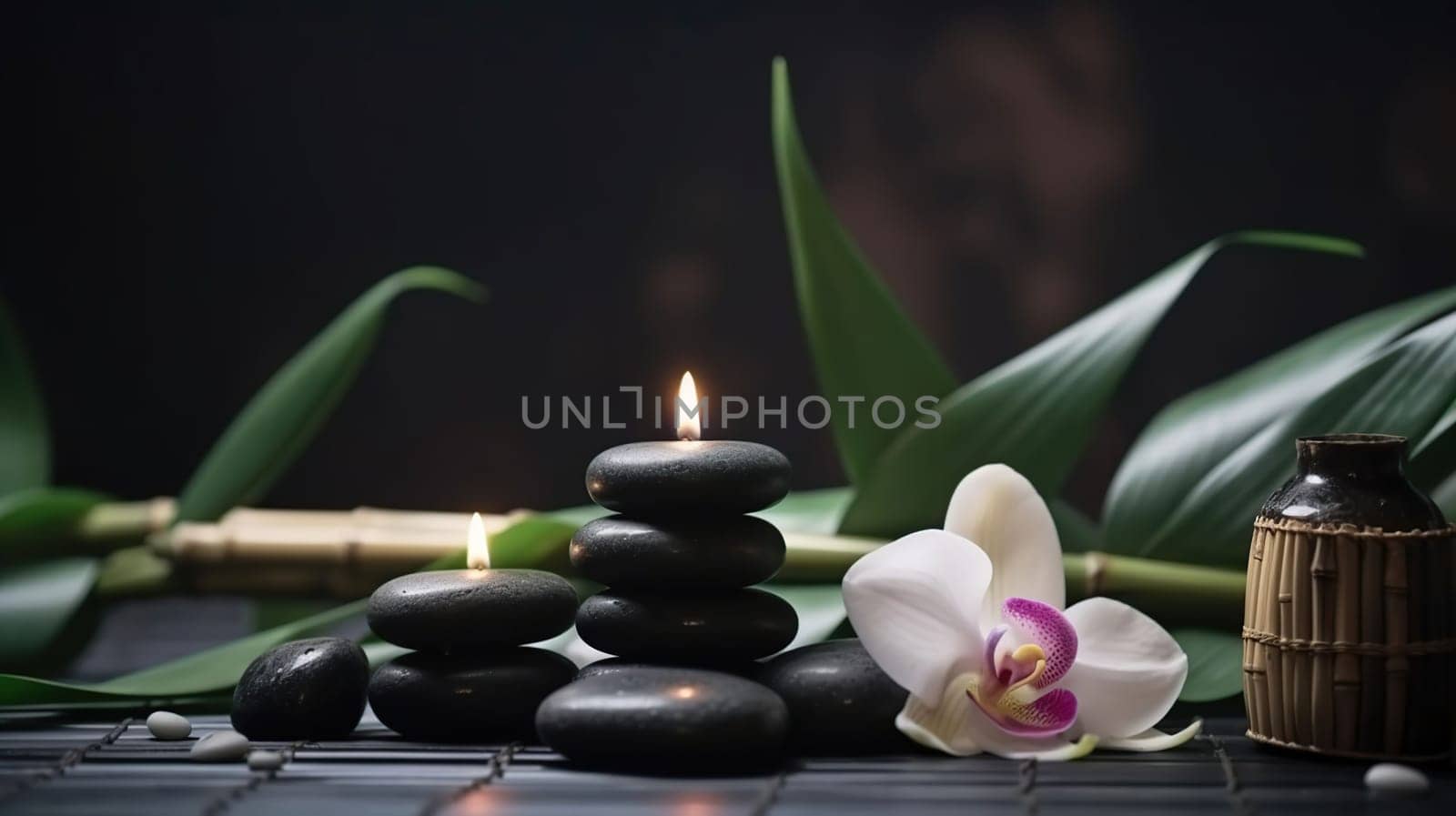 Spa still life with stacked of stone,burning candle and bamboo leaf, generative ai