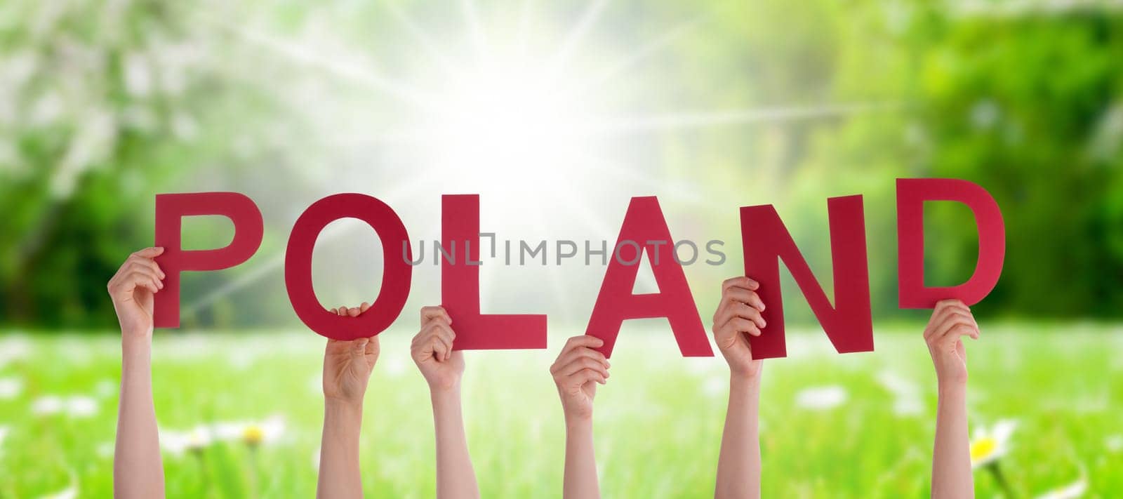 People Or Persons Hands Building English Word Poland. Sunny Green Grass Meadow As Background.