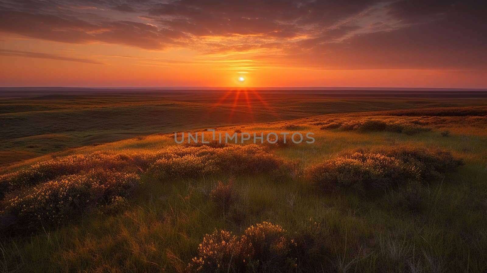 Sunset on the horizon over a vast landscape, grasslands national park, val marie, saskatchewan, canada, generative ai