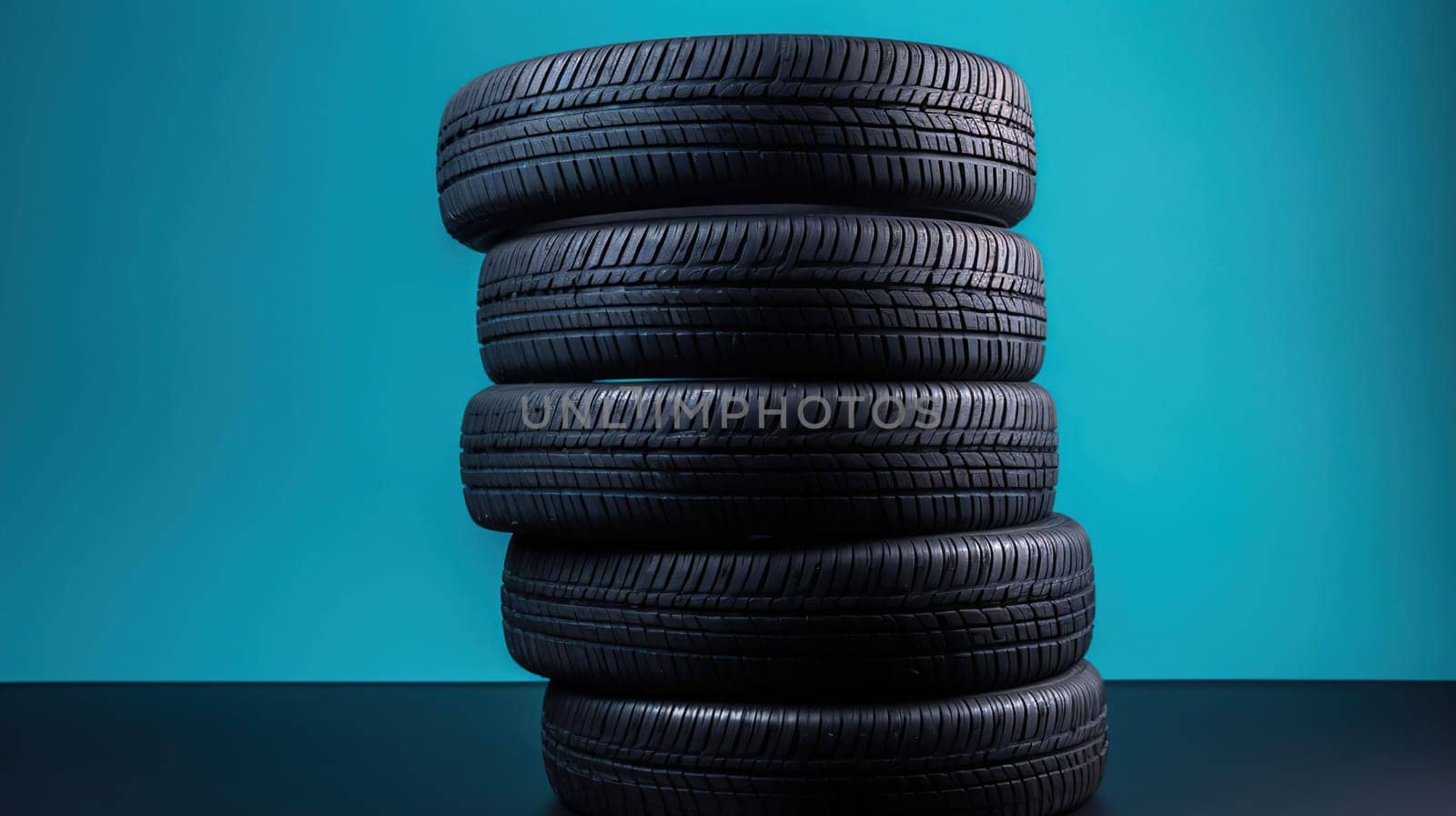 Stack of wheel new black tyres for winter car driving isolated on colored background, generative ai