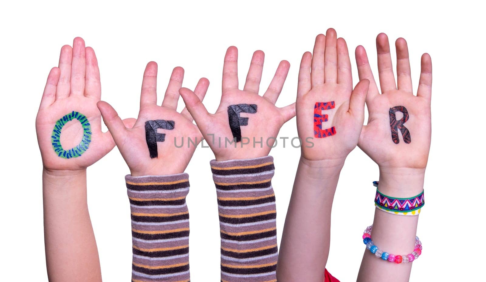 Children Hands Building Colorful English Word Offer. Isolated White Background.
