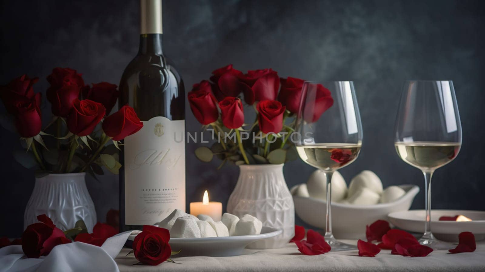 Valentines Day Dinner - White Romantic Table Setting With Wine Gift And Red Roses, generative ai