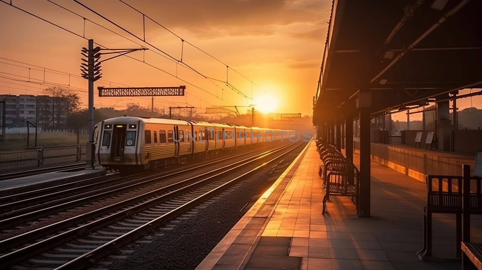 Train stop at railway station with sunset, generative ai