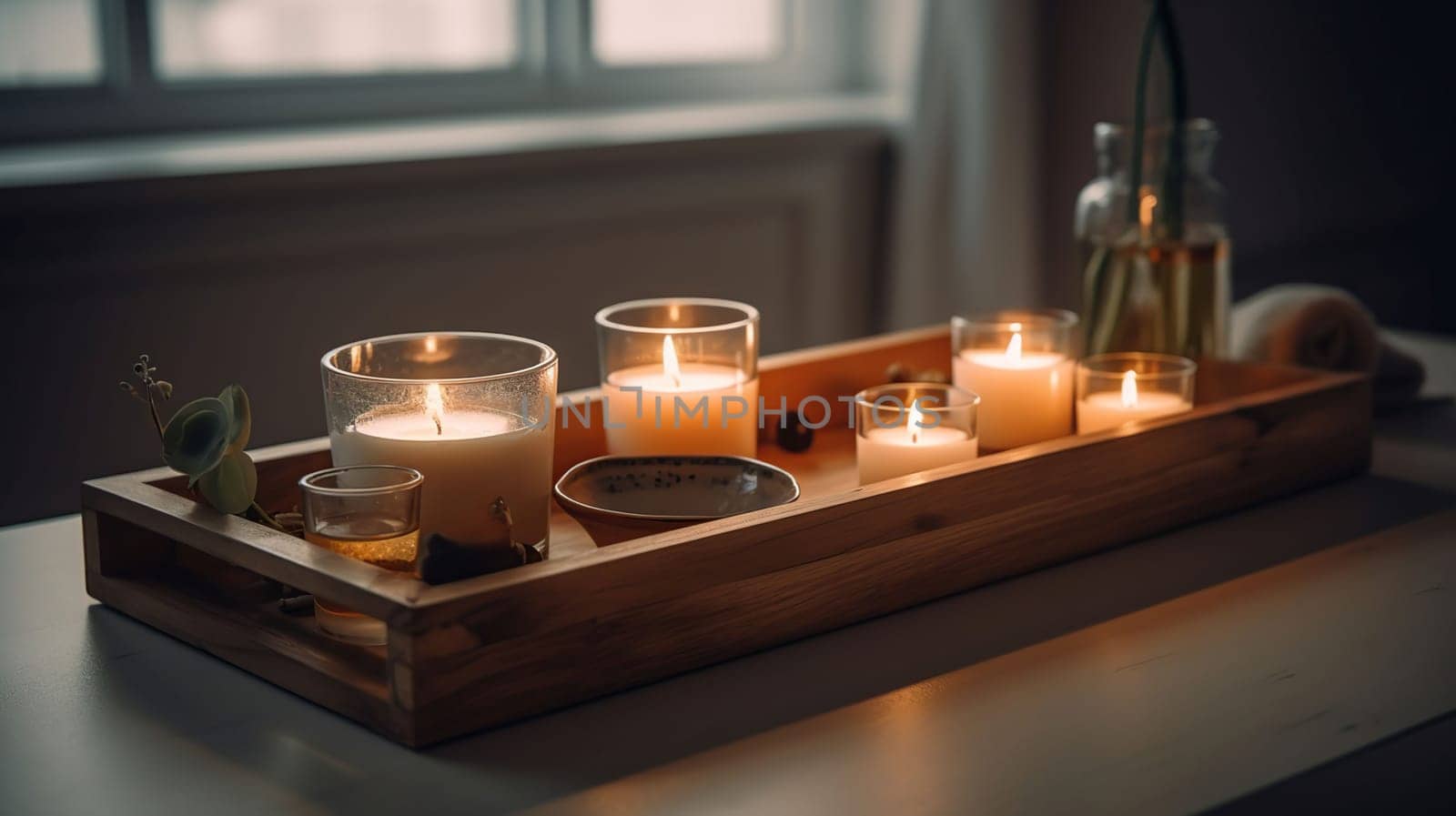 Wooden bathtub tray with candles, eyeglasses and cup of tea in light room, generative ai