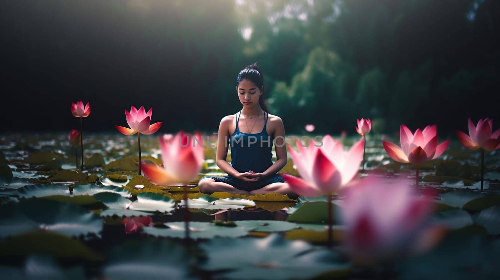 Woman Doing Yoga With Lotus Flowers, Spiritual Contemplation, generative ai