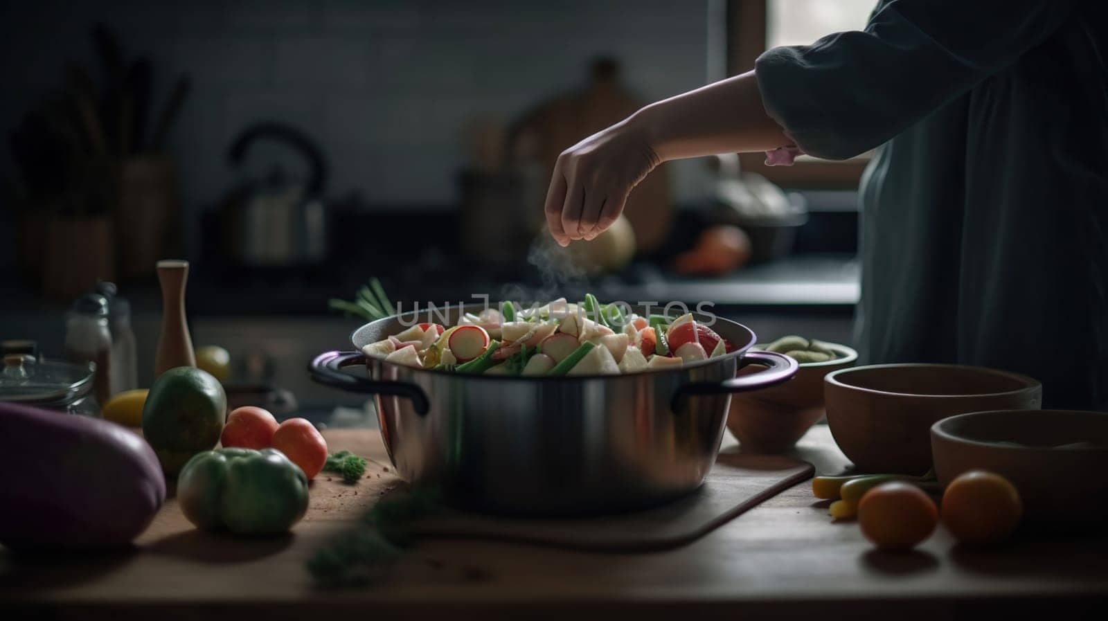 Woman putting vegetables in cooking pot on table in kitchen, generative ai