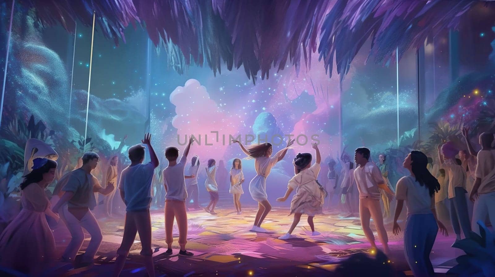 Disco party people. Men and women have fun on dance floor. Musical night club. Cartoon guys or girls dancing at discotheque, generative ai