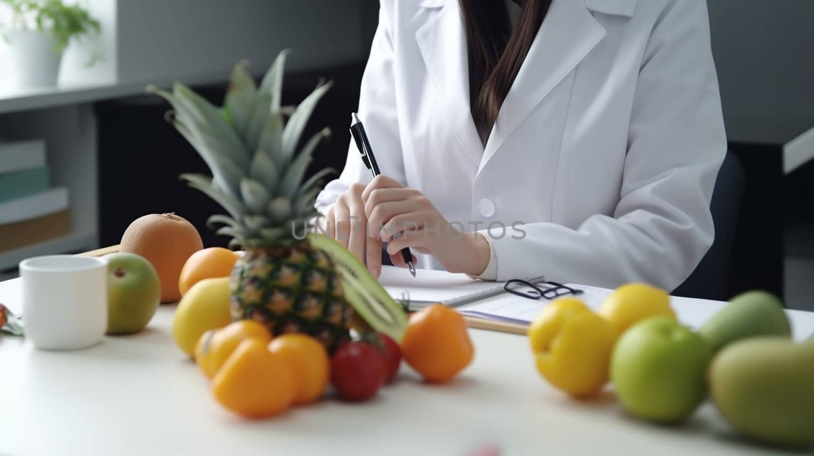 Nutritionist working at desk in office, closeup view, generative ai