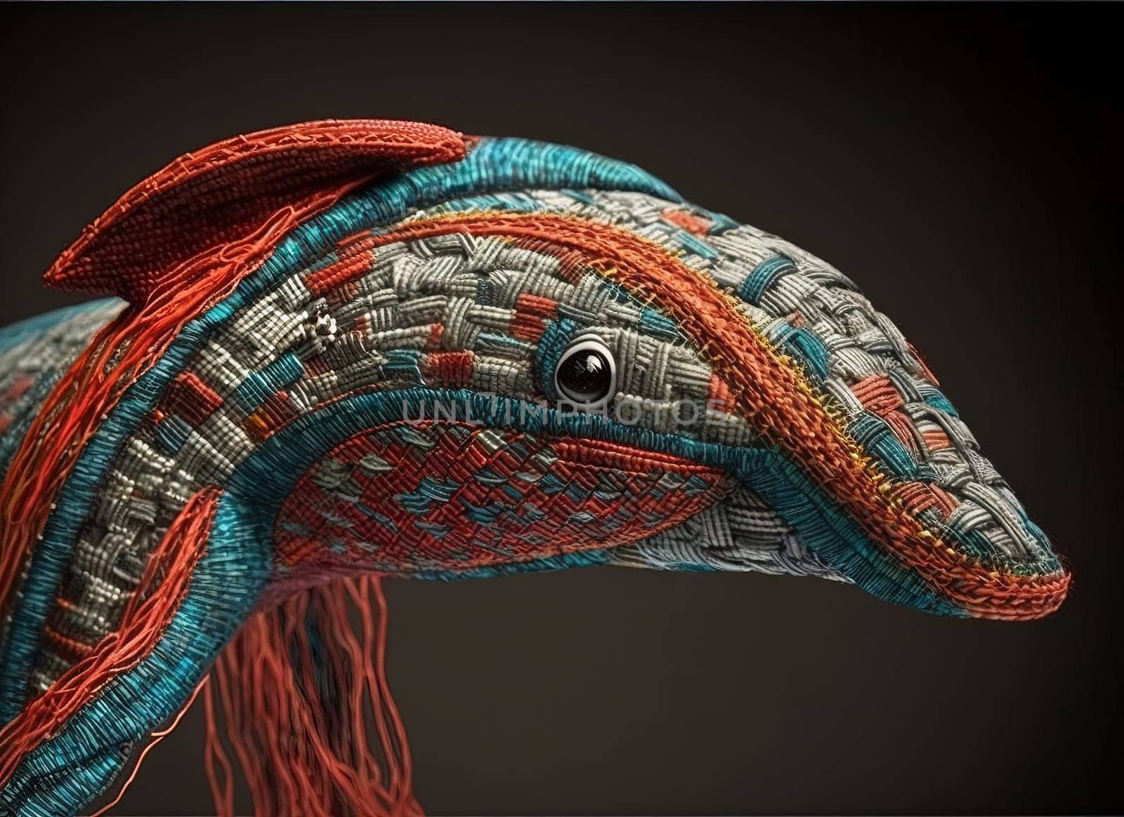 This painting depicts a beautiful dolphin made out of colorful threads, jumping out of the water in a lively and playful manner. The intricate details and vibrant colors make this piece a true work of art. The image is generated with the use of an AI.