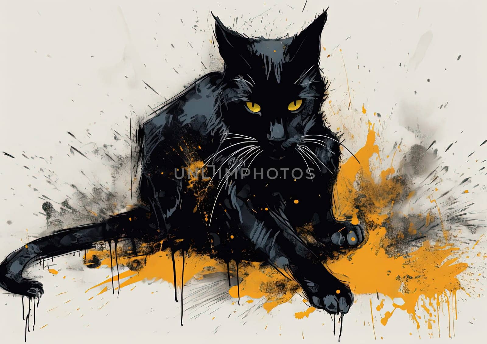 This painting depicts a beautiful black cat that is prominently displayed on a poster. The cat's sleek and elegant posture, along with its piercing green eyes, make it a perfect fit for animal lovers, cat enthusiasts, and more. The image is generated with the use of an AI.