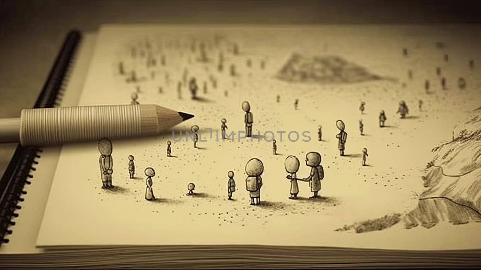 A pencil drawing in shades of gray on a yellow background depicts a group of people leaving a city, carrying their belongings and walking towards a bright horizon. The image is generated with the use of an AI.