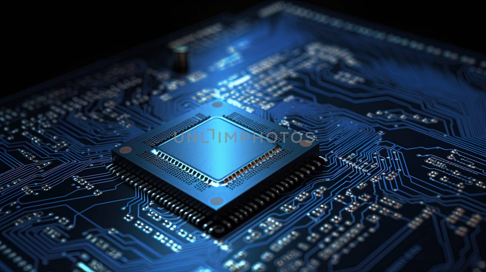 This painting depicts a blue-tinted circuit board that is prominently displayed on a poster. The vibrant colors and intricate design of the circuit board make it a perfect fit for technology-related projects, science-fiction themes, and more. The image is generated with the use of an AI.