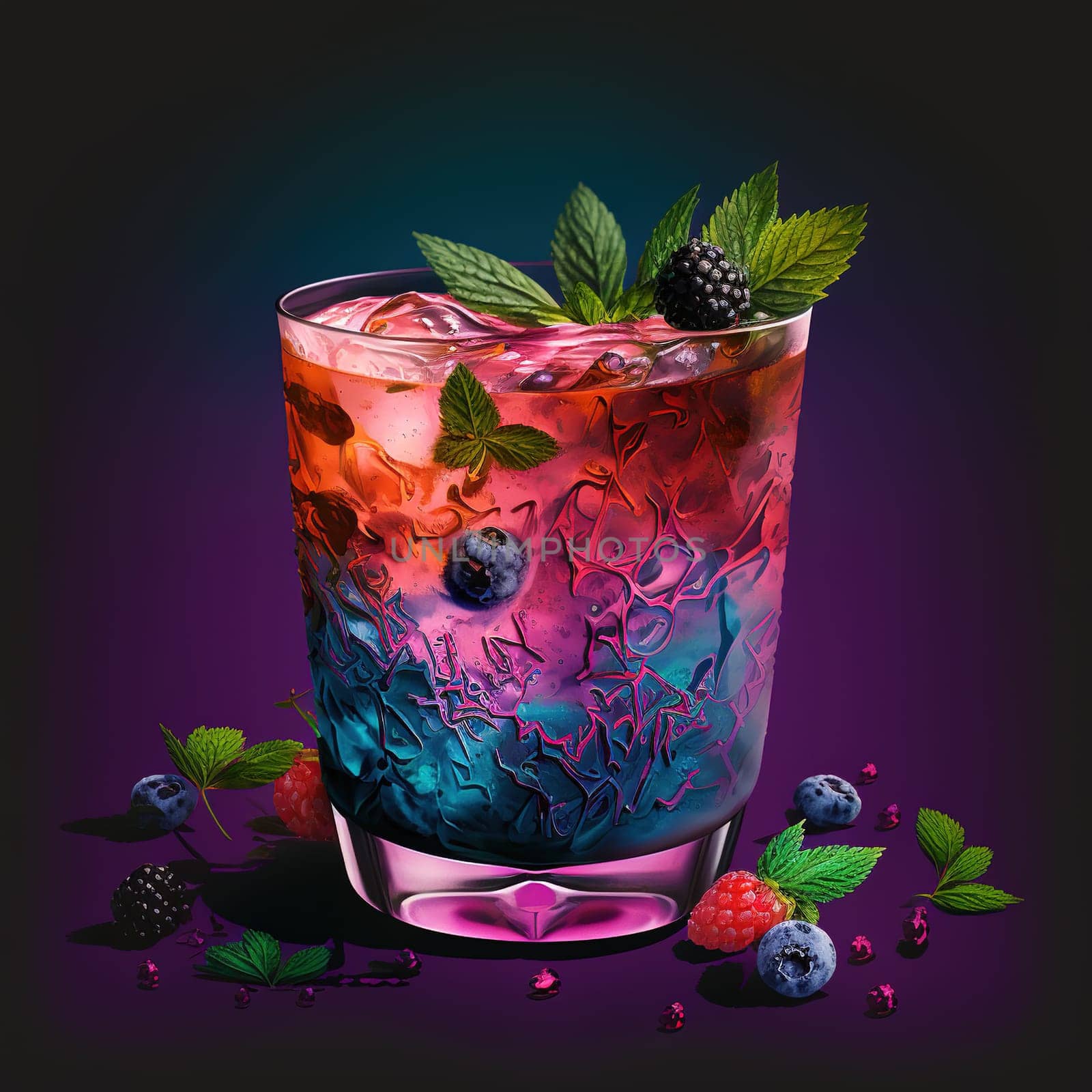 This vibrant painting depicts a delicious and refreshing berry smoothie with a mix of strawberries, blueberries, and raspberries blended together. The colors of the fruit are vivid and eye-catching, making it a perfect piece for a kitchen or dining room. The image is generated with the use of an AI.