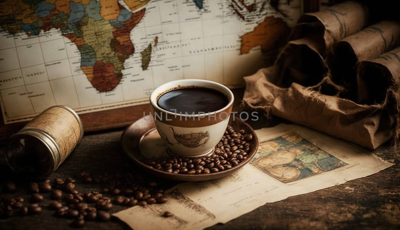 A digital painting featuring a coffee cup placed on top of a world map. The contrast of the warm coffee tones against the cool blues of the map create a calming, yet stimulating image that is perfect for any coffee or travel enthusiast. The image is generated with the use of an AI.
