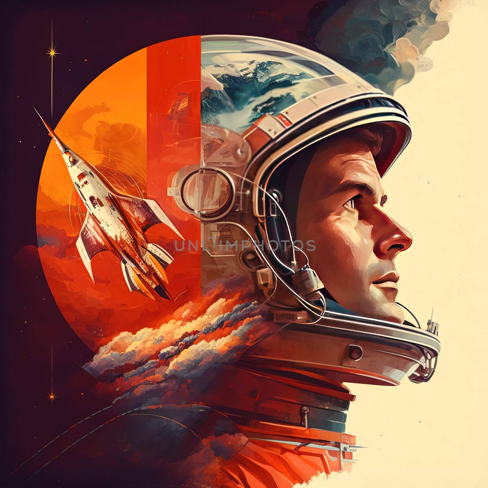 This digital artwork features an astronaut in a spacesuit helmet floating above the Earth, with the blue planet and stars in the background. The image is created with the use of an AI, and it's perfect for anyone who loves space and adventure.