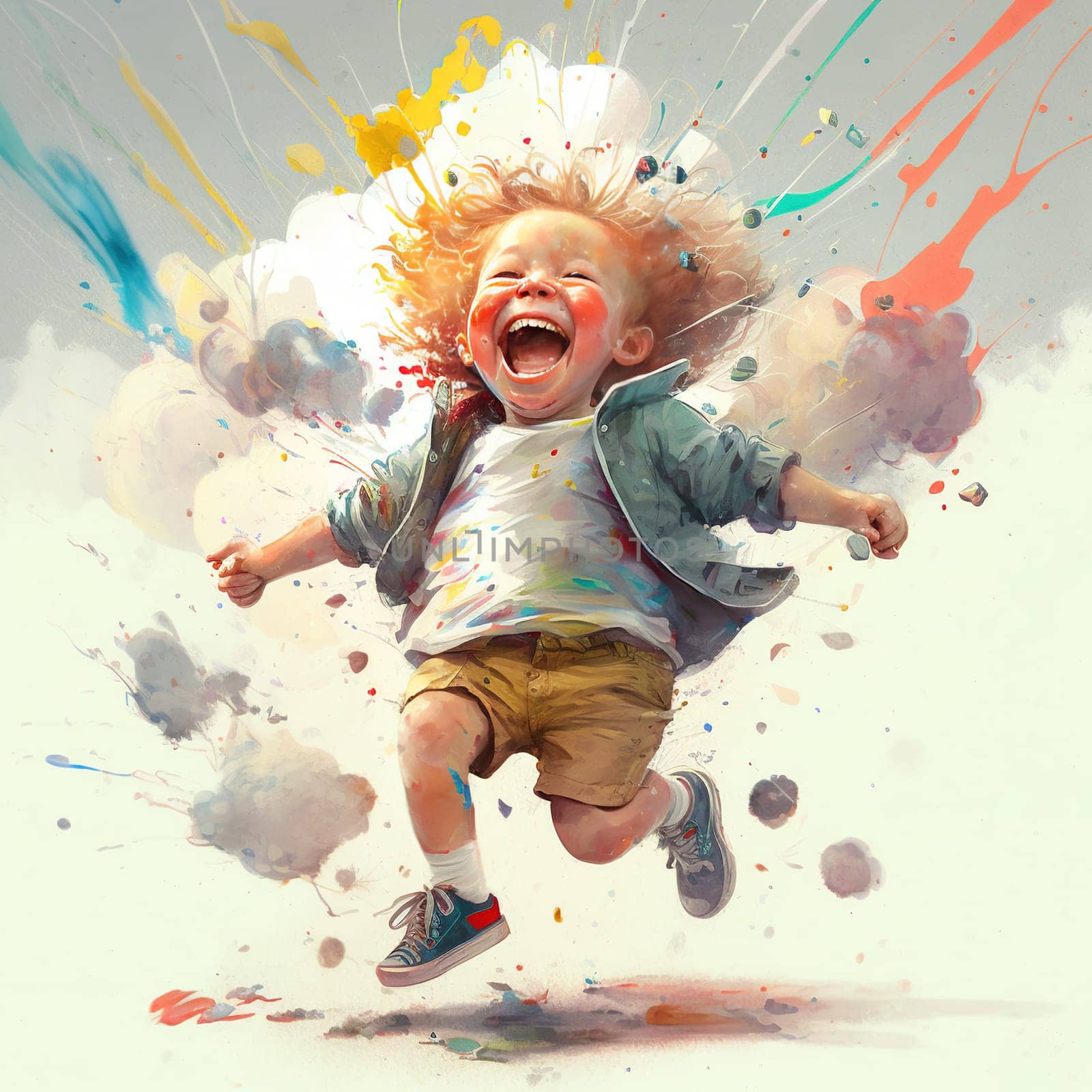 This painting depicts a happy child with a beaming smile, surrounded by colorful flowers and butterflies. The vibrant colors and cheerful composition convey a sense of happiness and contentment. The image is generated with the use of an AI.