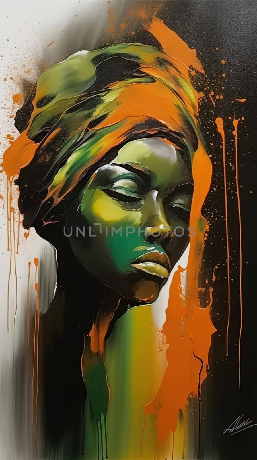 This abstract portrait features a beautiful woman with bold colors and unique brushstrokes, adding depth and intrigue to any room. The image is generated with the use of an AI.