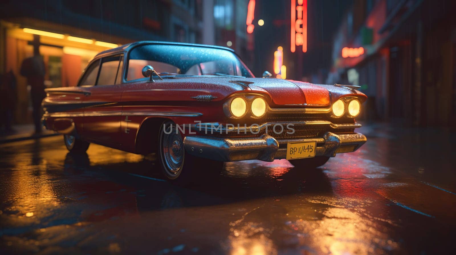 Lowrider with custom paint job, nightlife, realistic crowd of people, celebration, wide point of view, generative ai