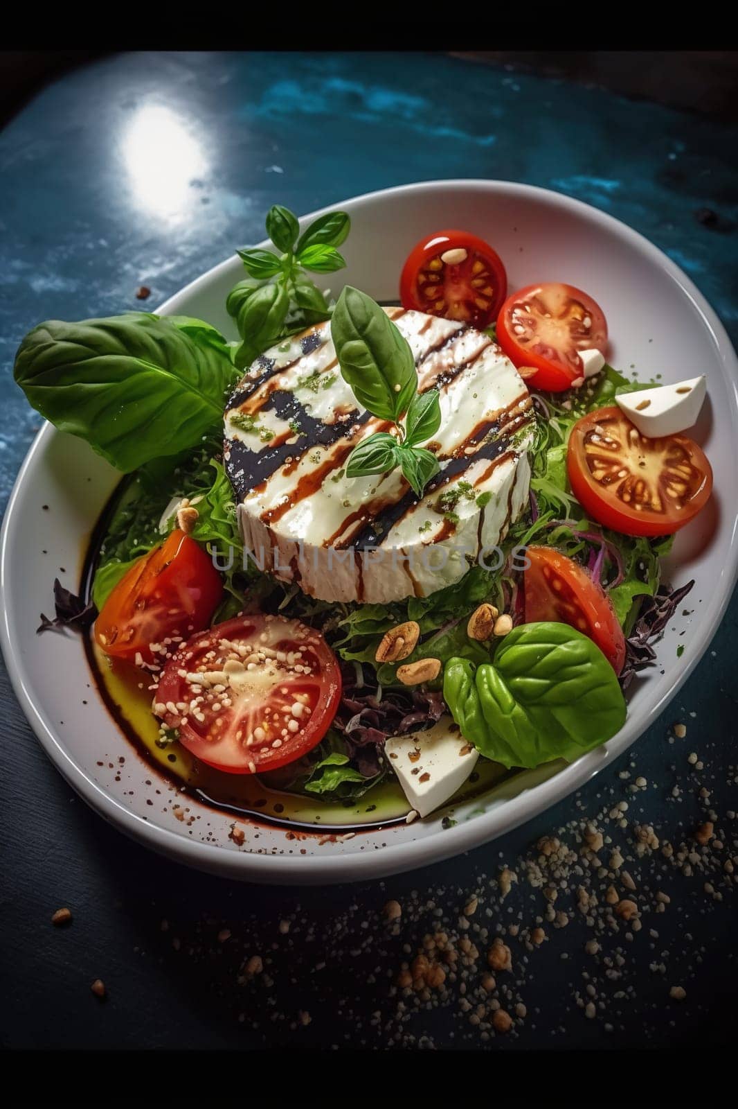 This painting features a delicious cheese plate with fresh salad and ripe tomatoes, making it the perfect image for food-related content. The image is generated with the use of an AI.