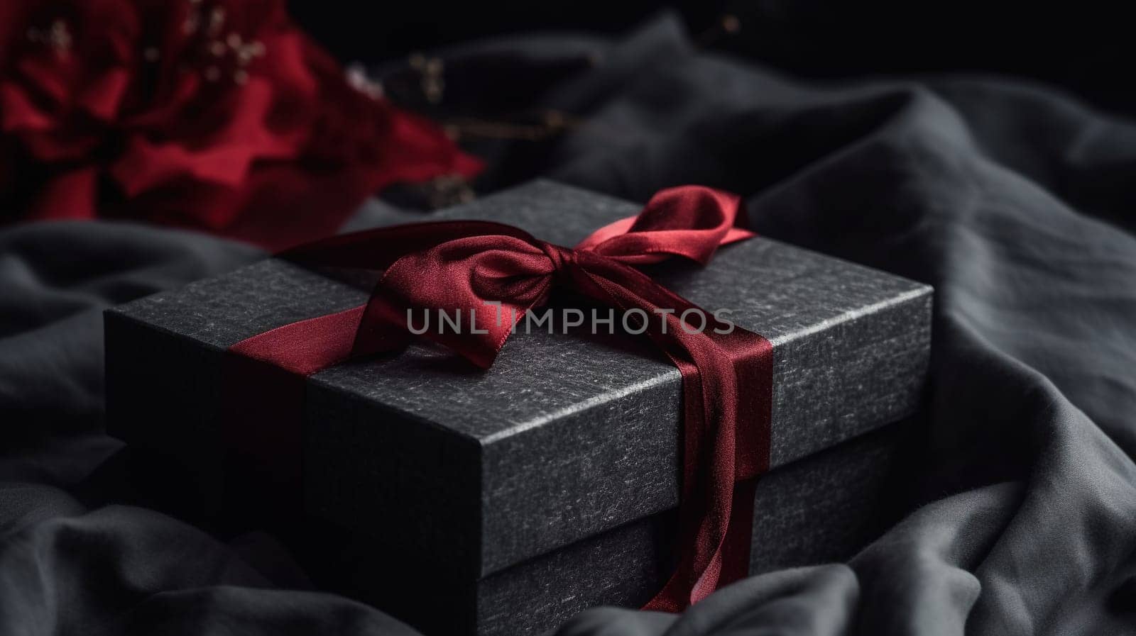 A beautifully wrapped black gift box with a vibrant red ribbon tied around it, sitting on a table or shelf. The perfect image for a holiday or celebration themed project. The image is generated with the use of an AI.